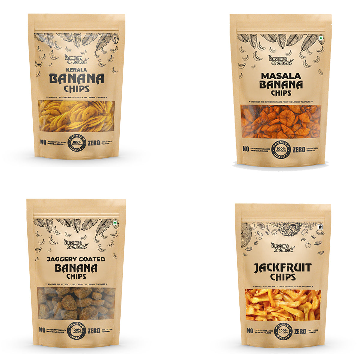 Kerala Chips Combo - Banana Chips (250g), Masala Banana Chips (250g), Jaggery Coated Banana Chips (250g), Jackfruit Chips (250g) - 1kg