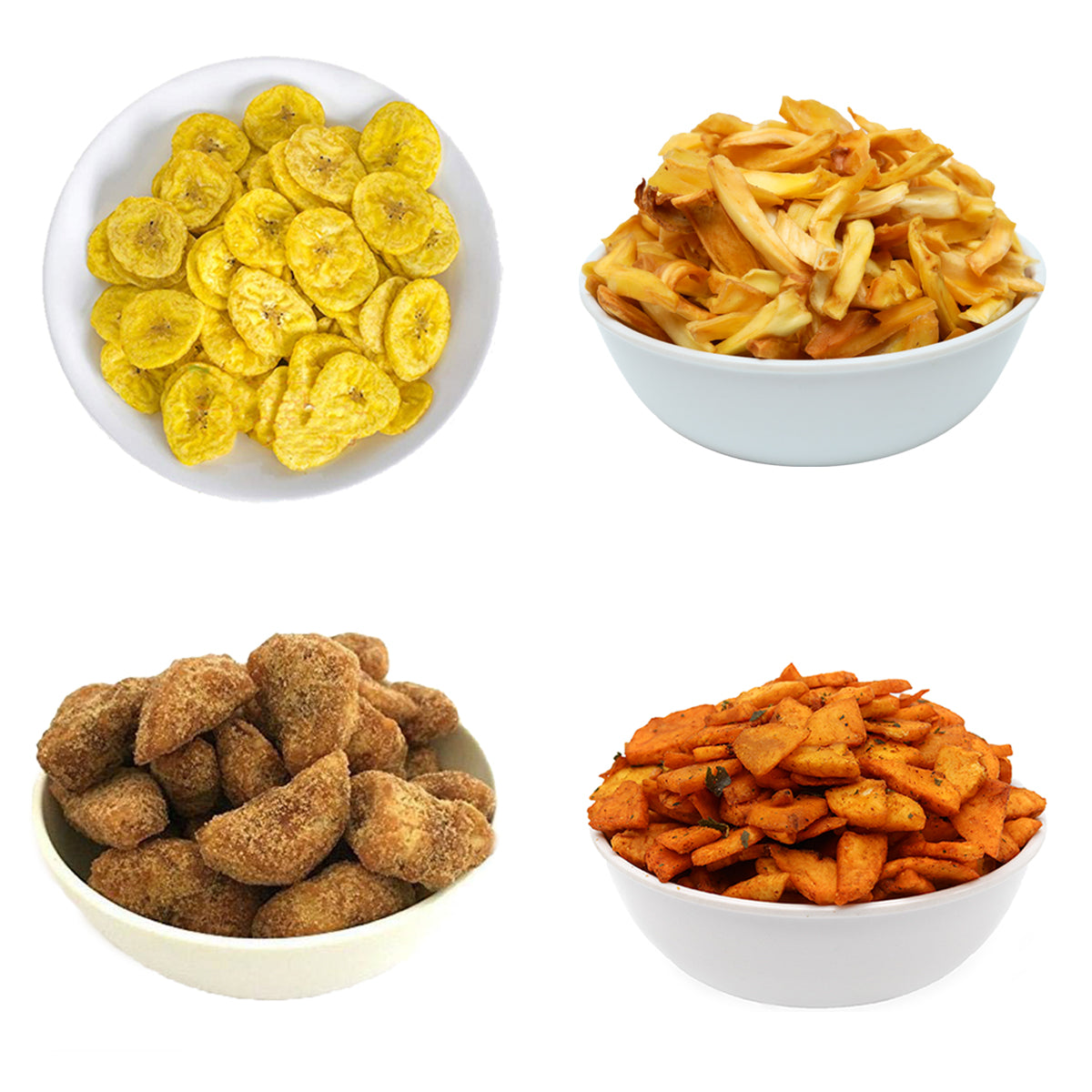 Kerala Chips Combo - Banana Chips (250g), Masala Banana Chips (250g), Jaggery Coated Banana Chips (250g), Jackfruit Chips (250g) - 1kg