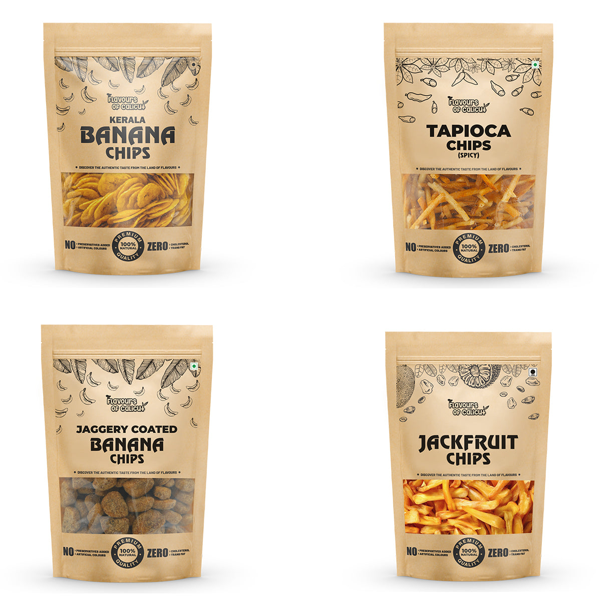 Kerala Chips Combo - Banana Chips (250g), Jackfruit Chips (250g), Jaggery Coated Banana Chips (250g), Tapioca Chips (250g) - 1kg