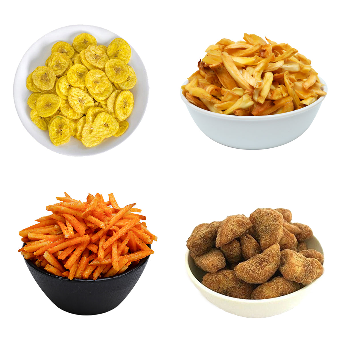 Kerala Chips Combo - Banana Chips (250g), Jackfruit Chips (250g), Jaggery Coated Banana Chips (250g), Tapioca Chips (250g) - 1kg