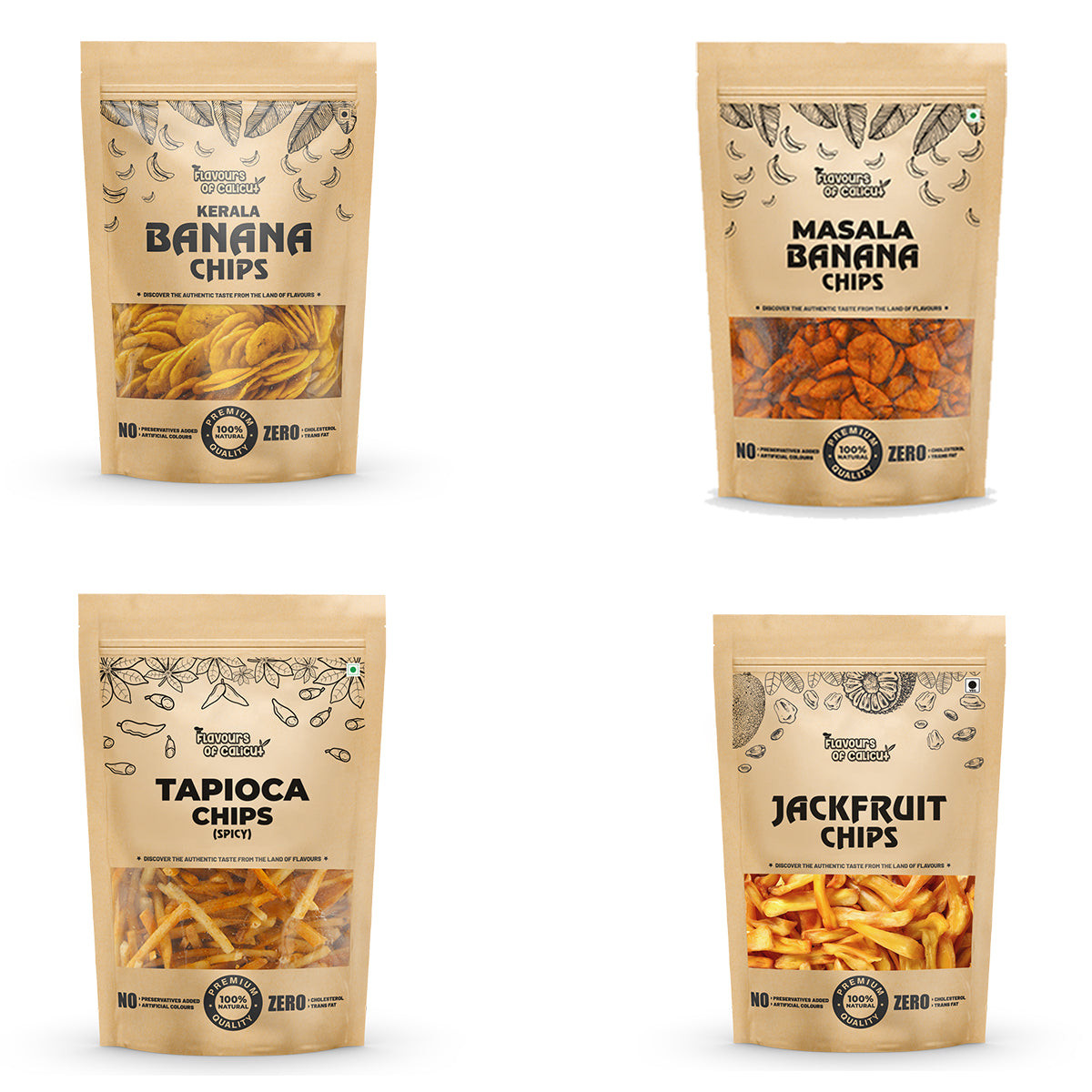 Kerala Chips Combo - Banana Chips (250g), Jackfruit Chips (250g), Masala Banana Chips (250g), Tapioca Chips (250g) - 1kg